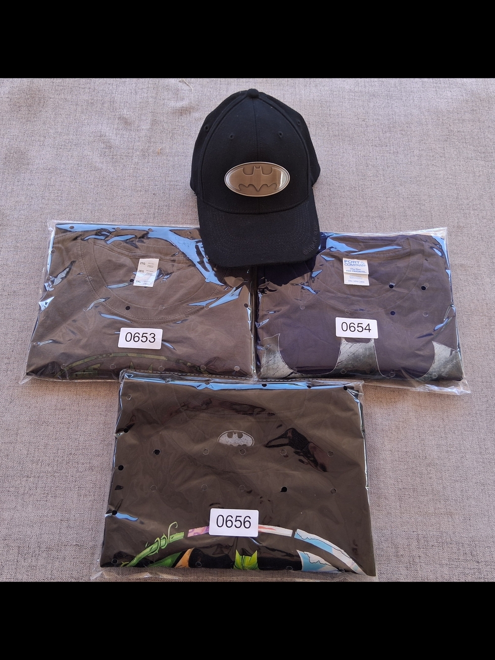 Batman Bundle : Three (3) T- Sirts (All 2XL) & Fitted Cap (S/M) w/Metal Plate